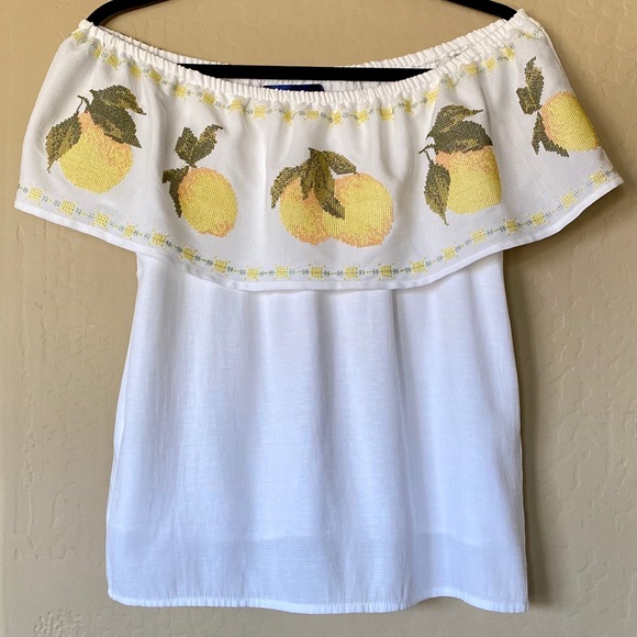 Blue Rain Tops - Off Shoulder Embroidered Lemon Ruffle Top